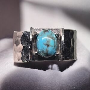 Sarah Coventry Hammered Silver Ring with Turquoise Like Stone Adjustable Size